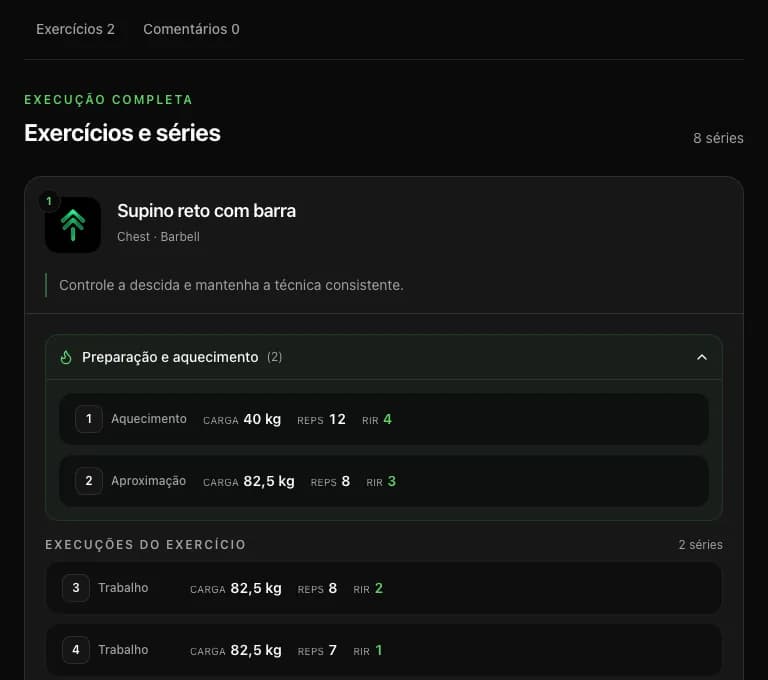 Tela real da Treinrr mostrando exercício, séries e RIR